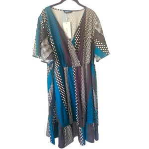 NWT BloomChic Black Blue Polka Dot Geometric Wrap Midi Dress, Size 14-16 (1X)